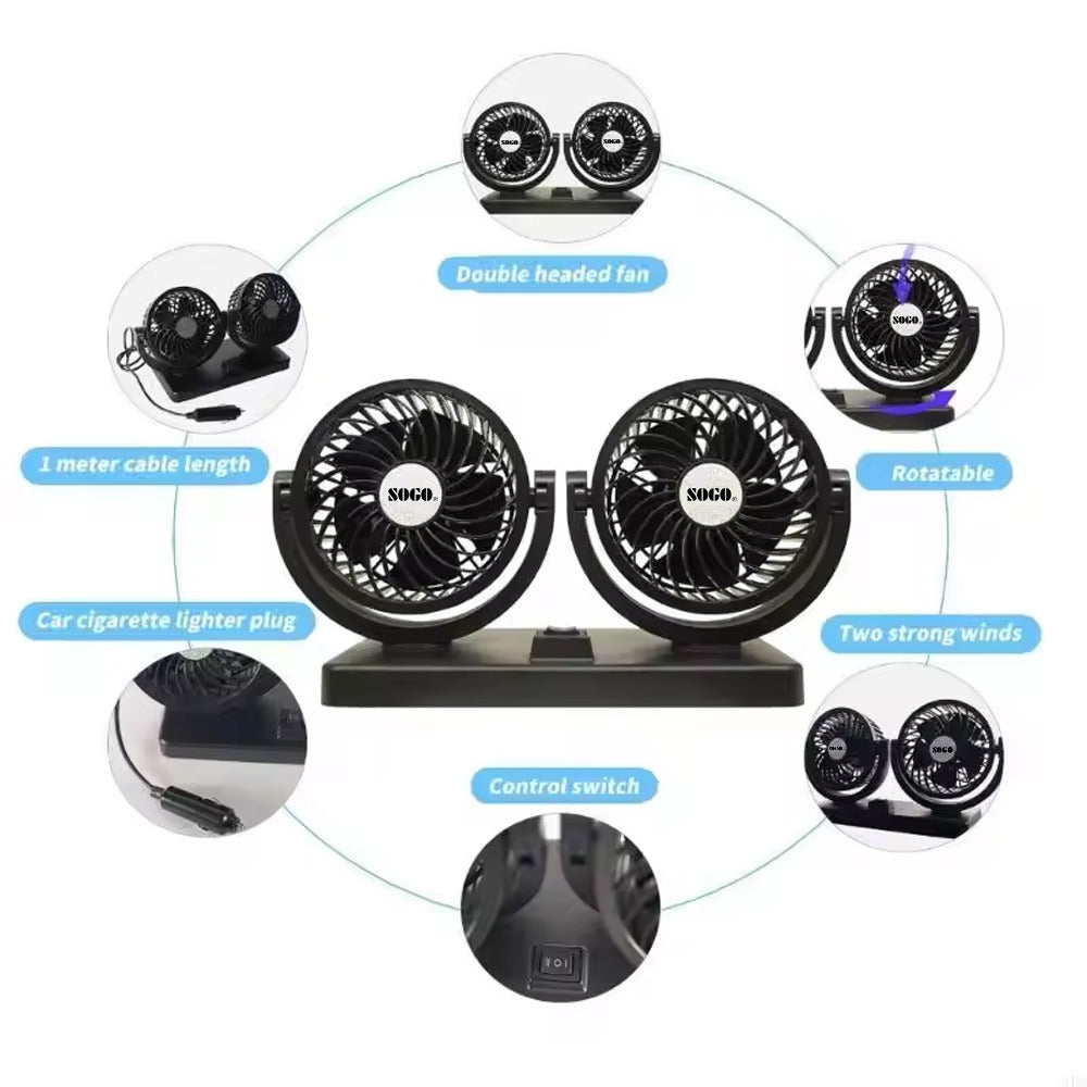 Car Fan Dual Head 4-Inch 12V/24V – 360° Rotating