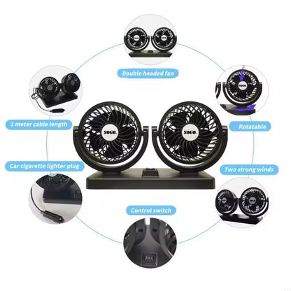Car Fan Dual Head 4-Inch 12V/24V – 360° Rotating