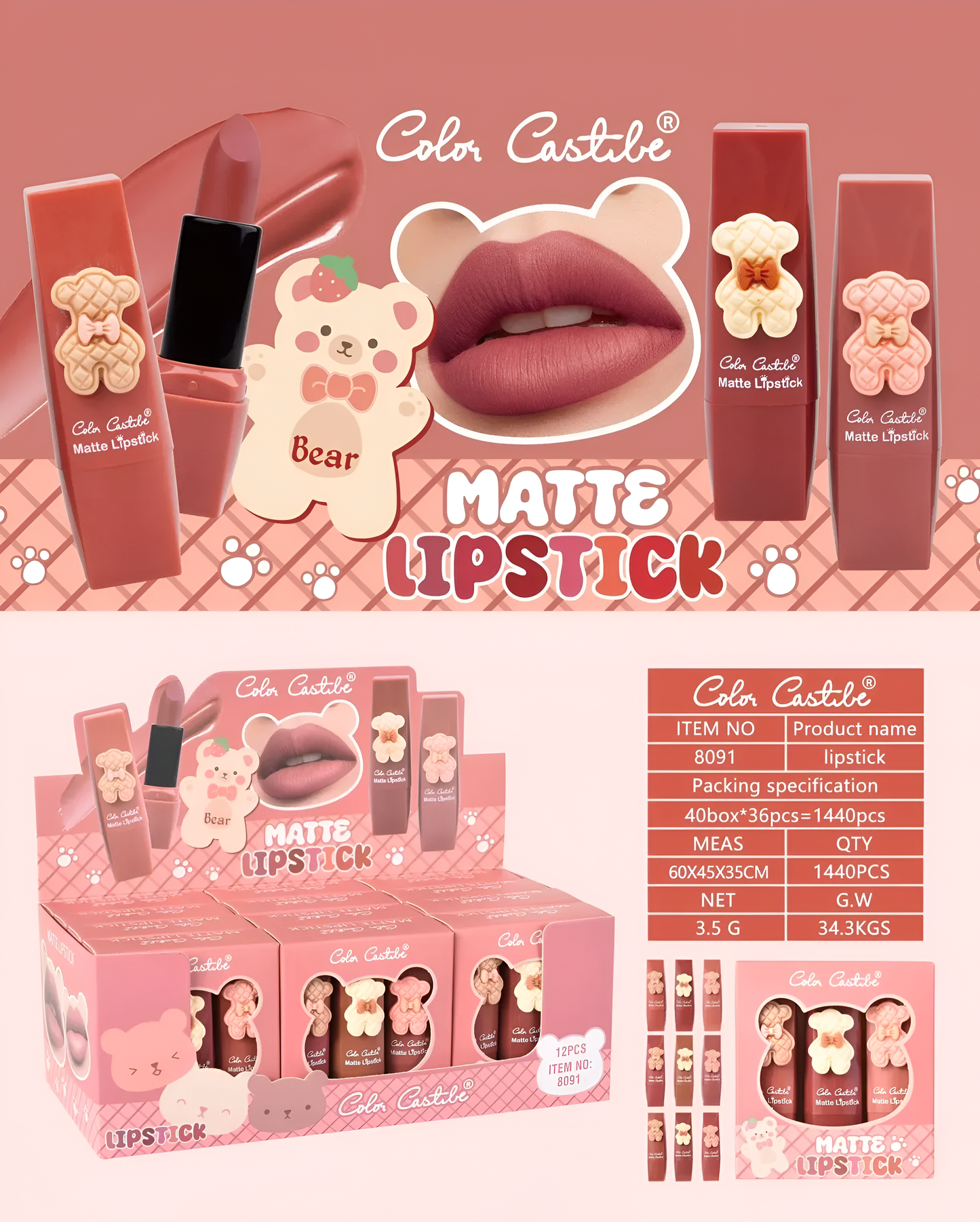 Color Castile Pack of 3 Bear Shape Matte Lipsticks