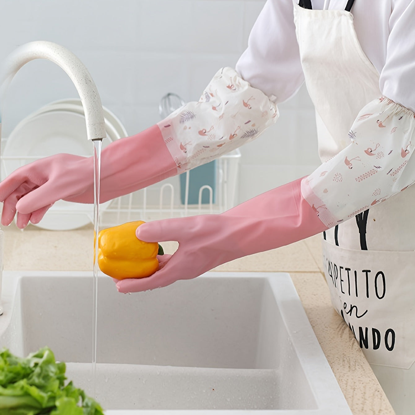 Long Reusable Dishwashing Gloves with Warm Fleece Lining