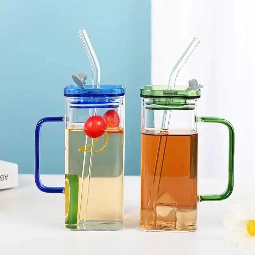 Premium 400ml Transparent Glass Mug with Lid & Straw