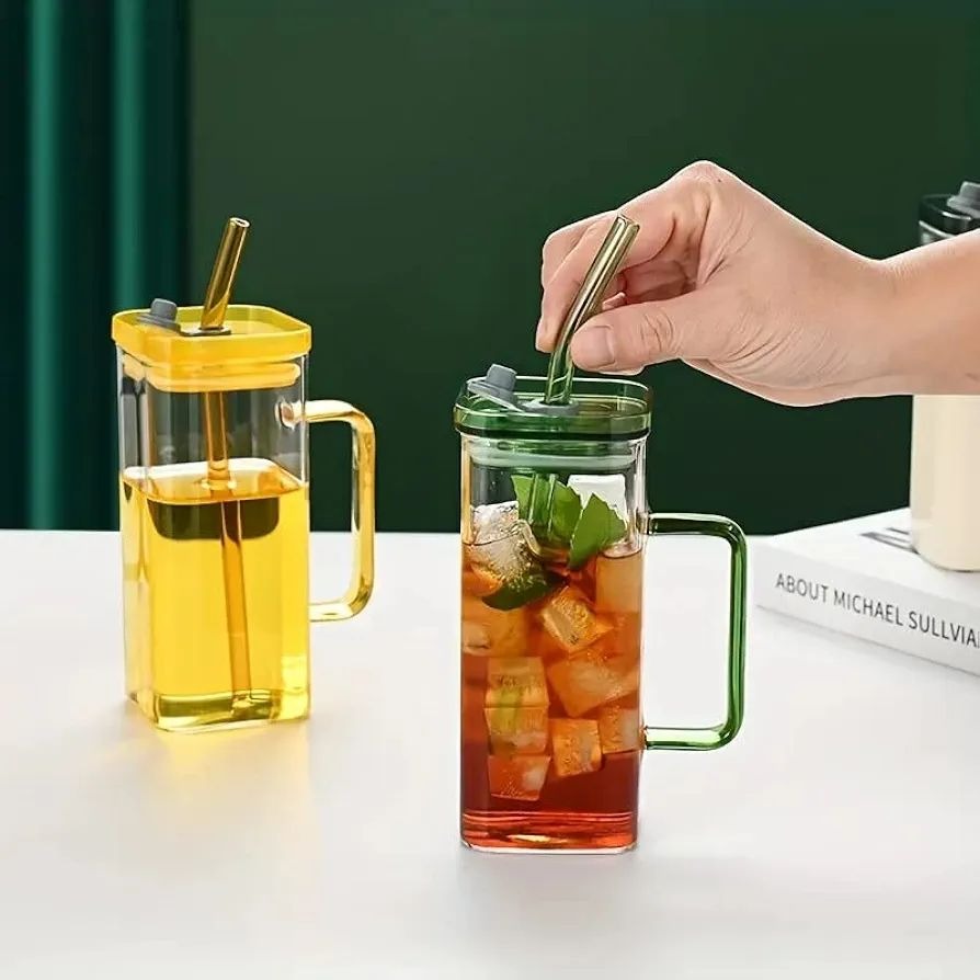 Premium 400ml Transparent Glass Mug with Lid & Straw