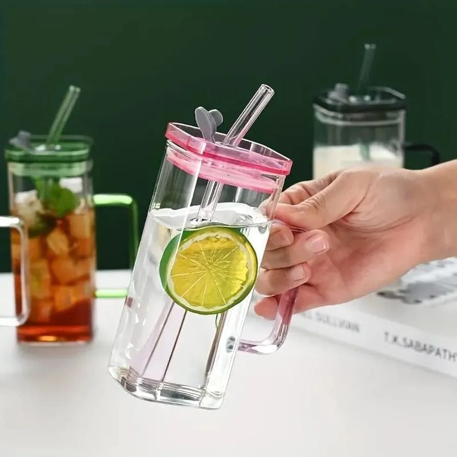 Premium 400ml Transparent Glass Mug with Lid & Straw