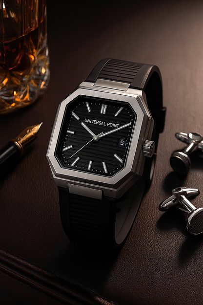 Universal Point UP 1988 – Square Dial Leather Strap Watch | Stainless Steel Case