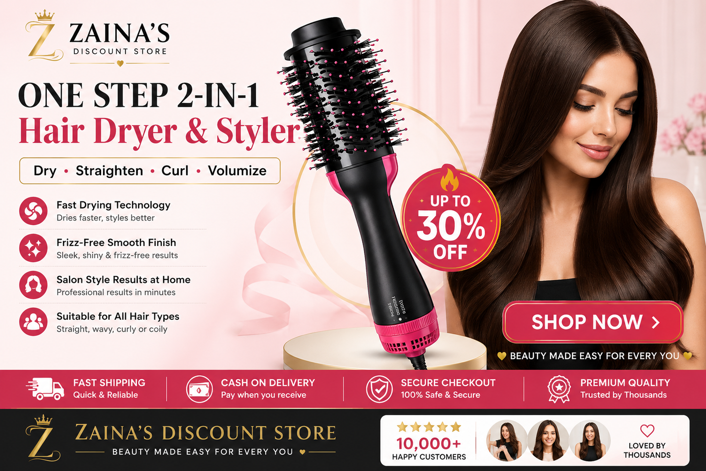 One Step 2-in-1 Hair Dryer & Styling Brush | Fast Drying, Straightening & Curling Tool