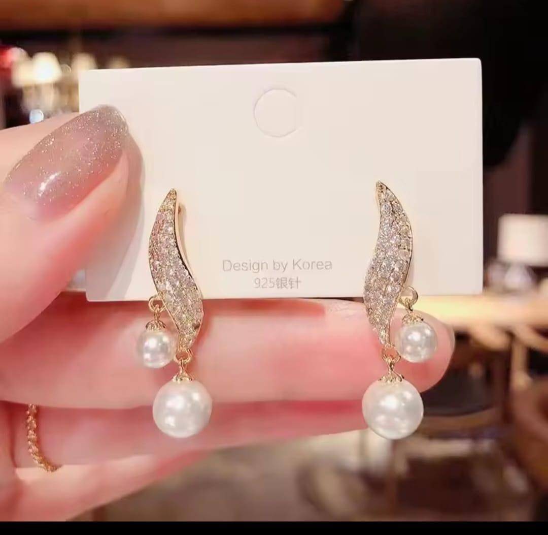 Stylish Charms Hanging Earrings with Pearl Stone - 2 Pcs Gold Plated