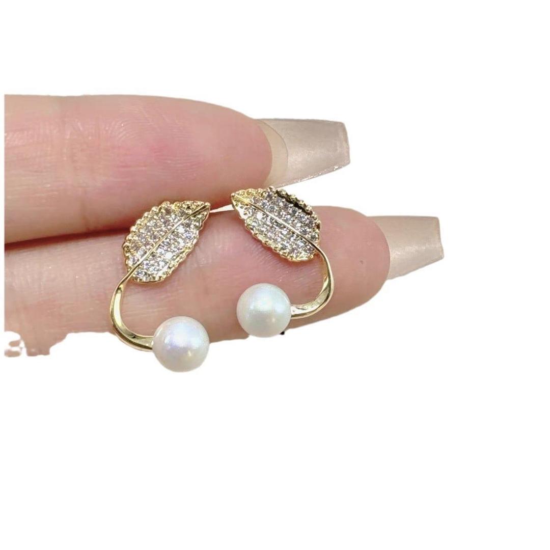 Leaf Design Gold Plated Pearl Studs