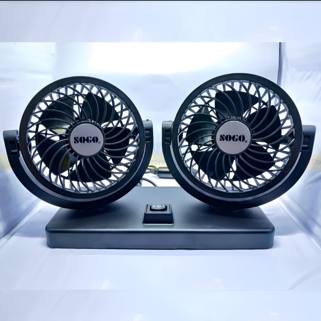 Car Fan Dual Head 4-Inch 12V/24V – 360° Rotating